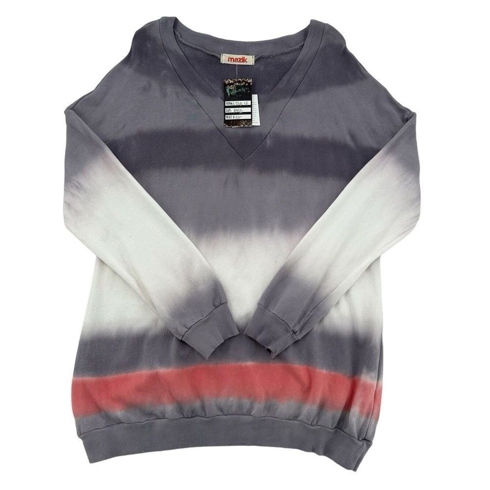 Mazik Women Size Medium V-Neck Tie Dye Striped Sweatshirt Grey Pink MK1074 NWT
